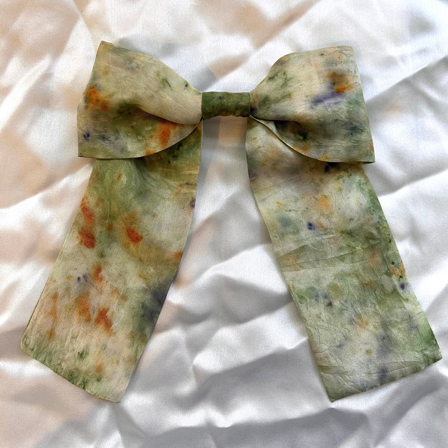 Naturally dyed green, purple pansy and orange cosmos bundle dye printed silk hair-bow clip