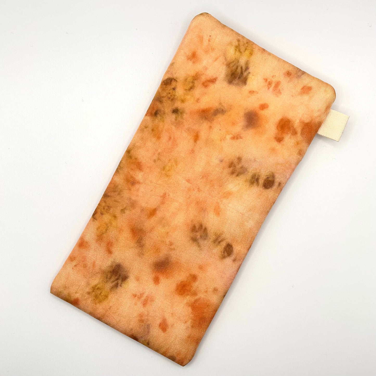 Pale Orange Glasses Case back naturally dyed silk, printed with Orange cosmos, coreopsis and extract dye