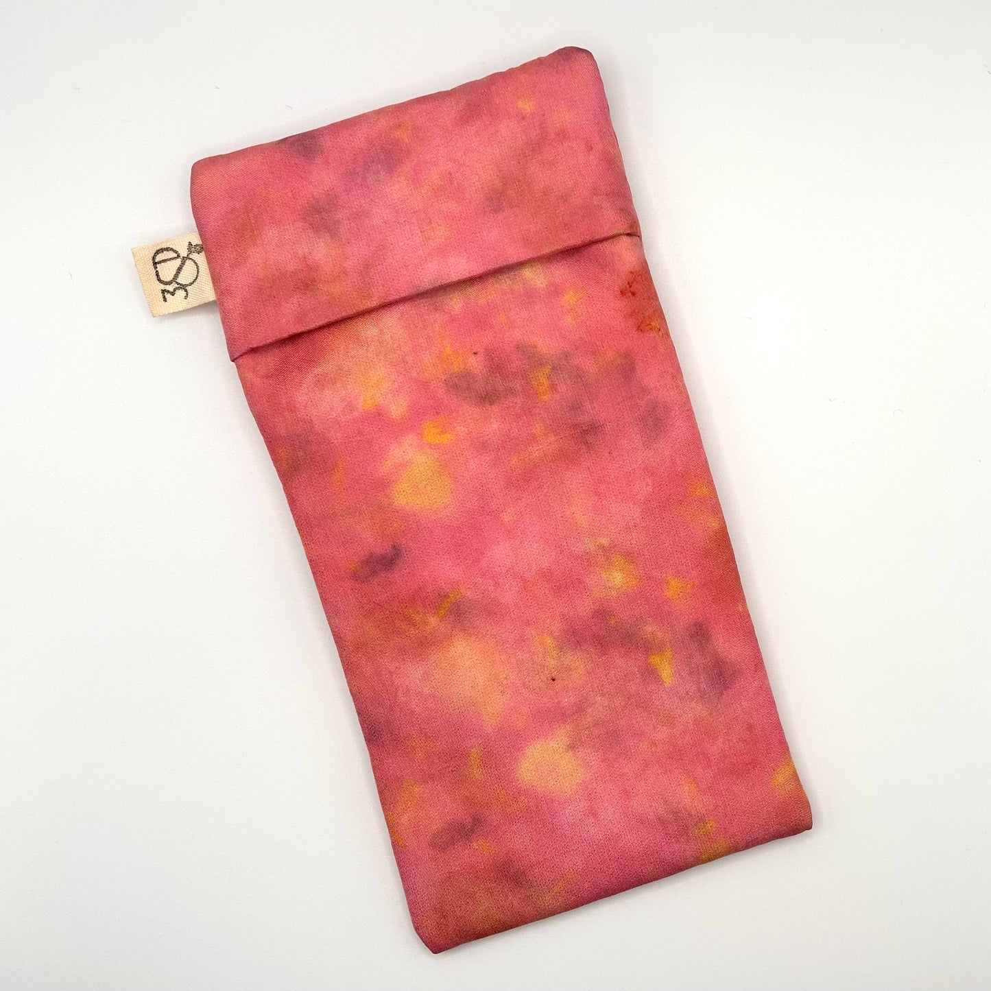 Pink floral Glasses Case front naturally dyed silk, printed with yellow marigolds and extract dye