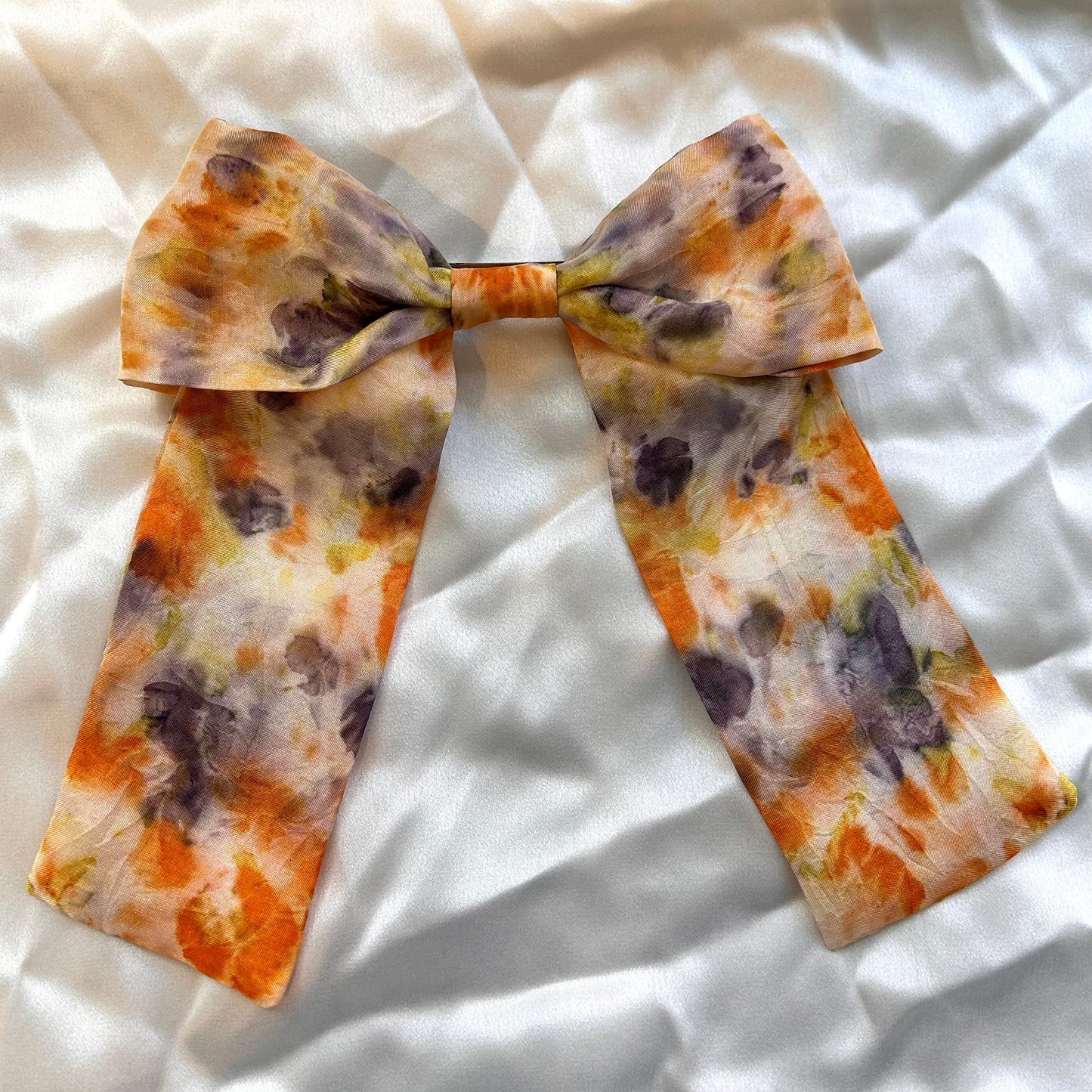 Naturally dyed orange cosmos, black bean and white bundle dye printed silk hair-bow clip