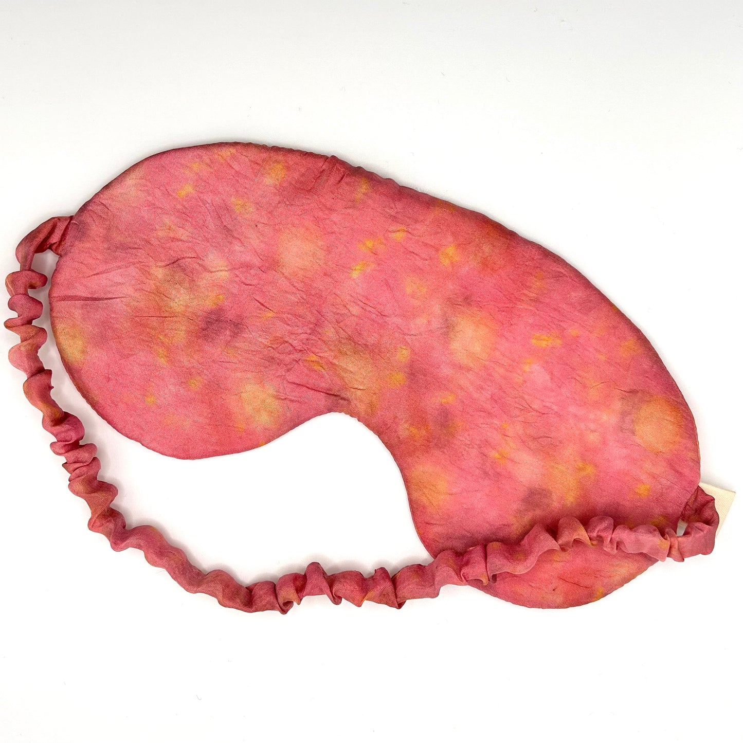 Pink with yellow marigold naturally dyed silk printed eye mask with elastic to secure over eyes