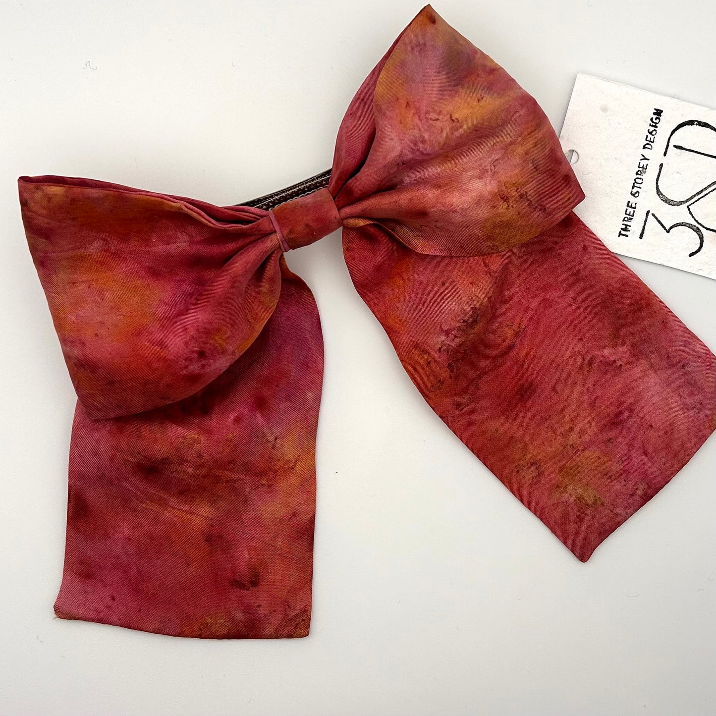 Naturally dyed Red Flame and orange cosmos bundle dye printed silk hair-bow clip