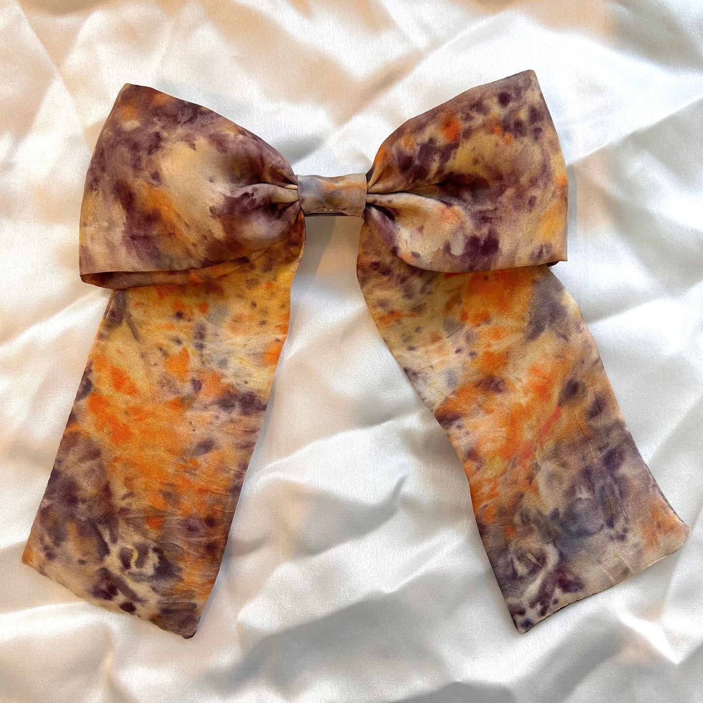 Naturally dyed Madder, rust and scabious black knight bundle dye printed silk hair-bow clip