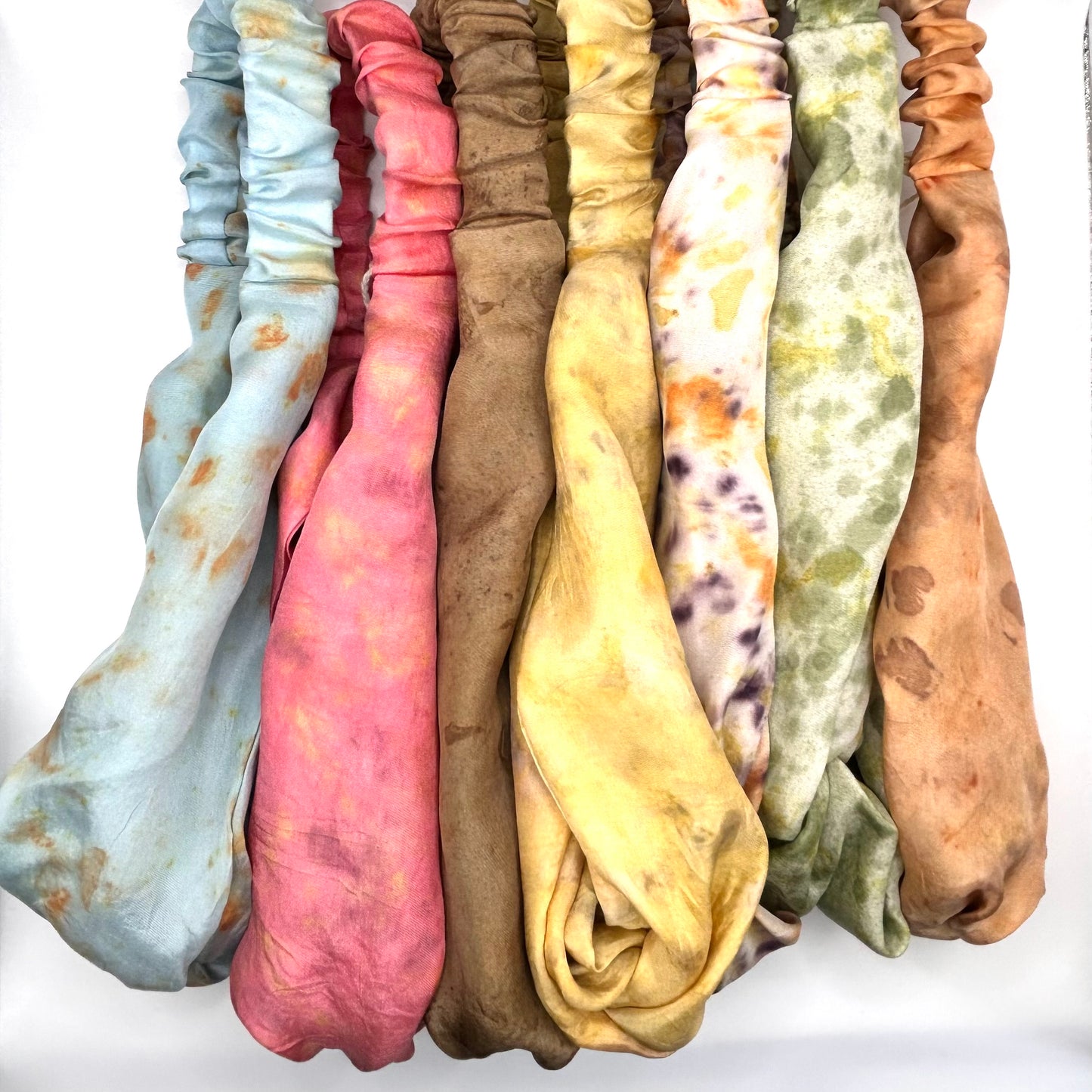 Various naturally dyed silk turban headband colourways