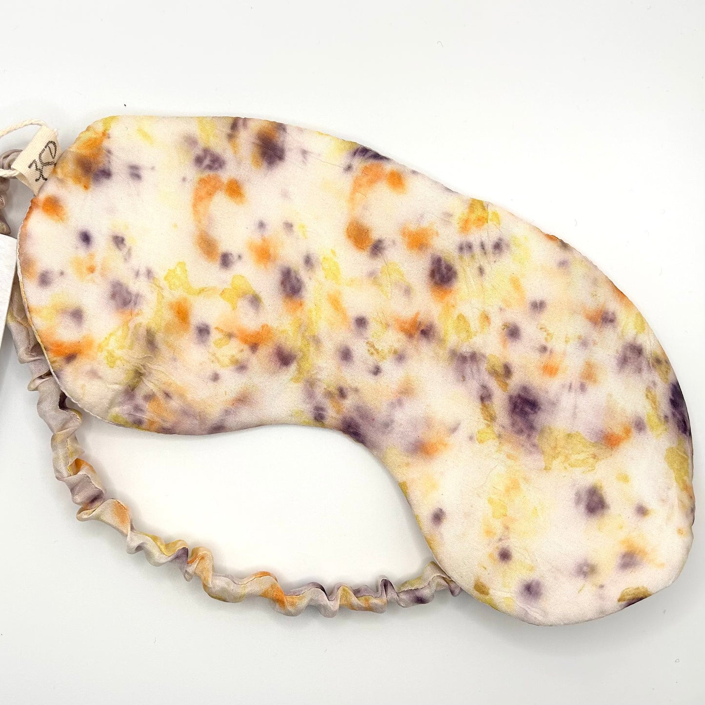 White with purple scabious, orange cosmos and yellow marigold naturally dyed silk printed eye mask with elastic to secure over eyes