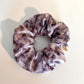 White Silk Scrunchie naturally dyed with dark purple bean print