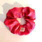 Bright Pink Silk Scrunchie naturally dyed with cochineal and yellow marigold print