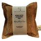 Brown Silk square lavender bag/sachet with Naturally dyed logwood extract dye and yellow marigold print and cotton branded tab, wrapped in tracing paper product information sleeve