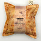 Camel Silk square lavender bag/sachet with Naturally dyed brown and red onion skin print and cotton branded tab, wrapped in tracing paper product information sleeve