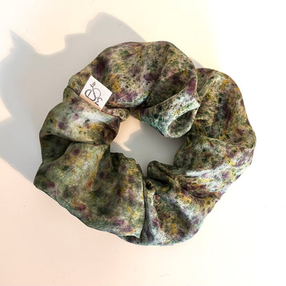 Chlorophllin Green Silk Scrunchie naturally dyed with green, purple, yellow speckled print