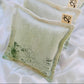 Chlorophyllin Green Silk square lavender bag/sachet with Naturally dyed gradiant print and cotton branded tab, wrapped in tracing paper product information sleeve