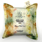 Green Garden Silk square lavender bag/sachet with Naturally dyed green extract dye , orange cosmos and yellow chamomile print and cotton branded tab, wrapped in tracing paper product information sleeve