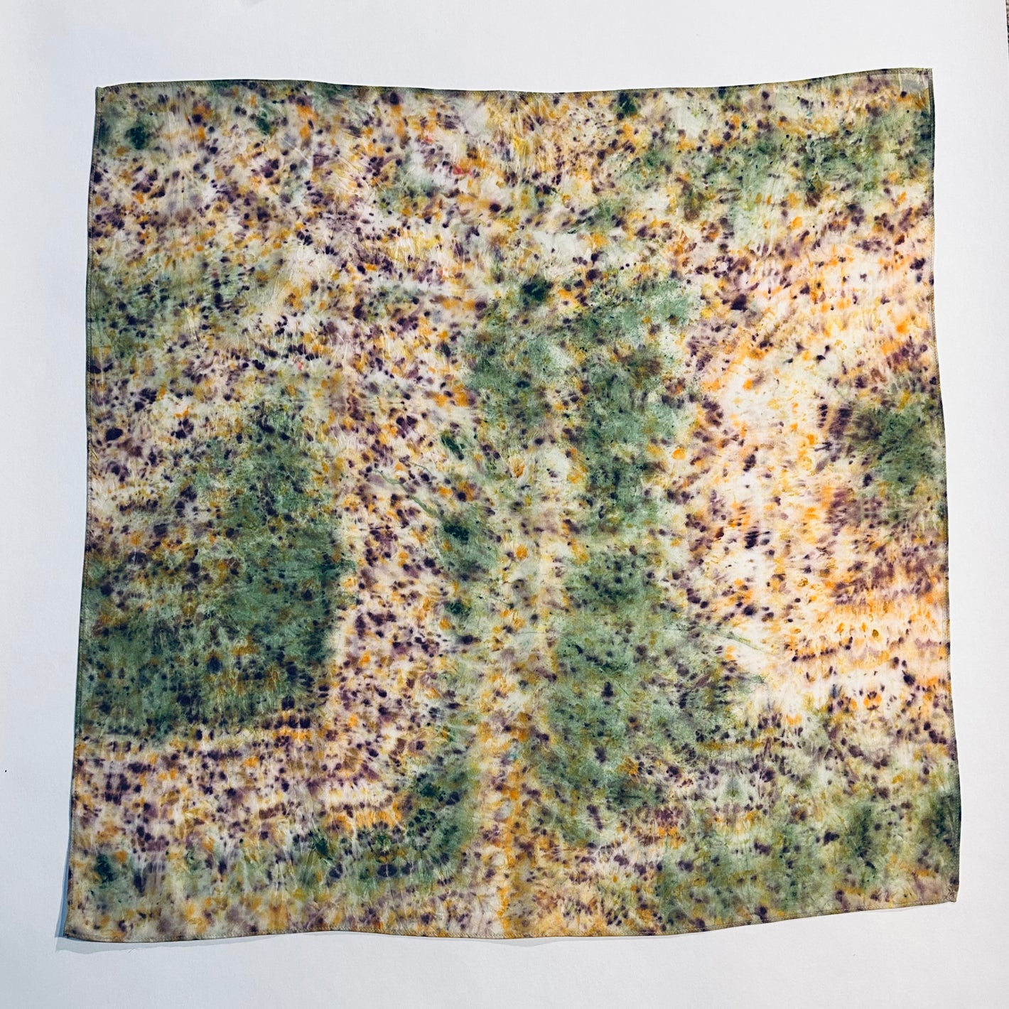 Green Meadow naturally dyed  silk square scarf  with random speckled print 