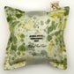 Green speckle Silk square lavender bag/sachet with Naturally dyed yellow marigold and extract dye spray print and cotton branded tab, wrapped in tracing paper product information sleeve