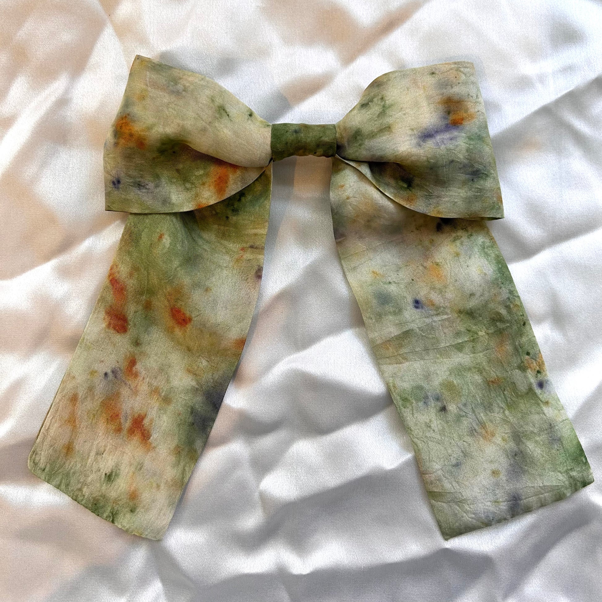 Naturally dyed green, purple pansy and orange cosmos bundle dye printed silk hair-bow clip 