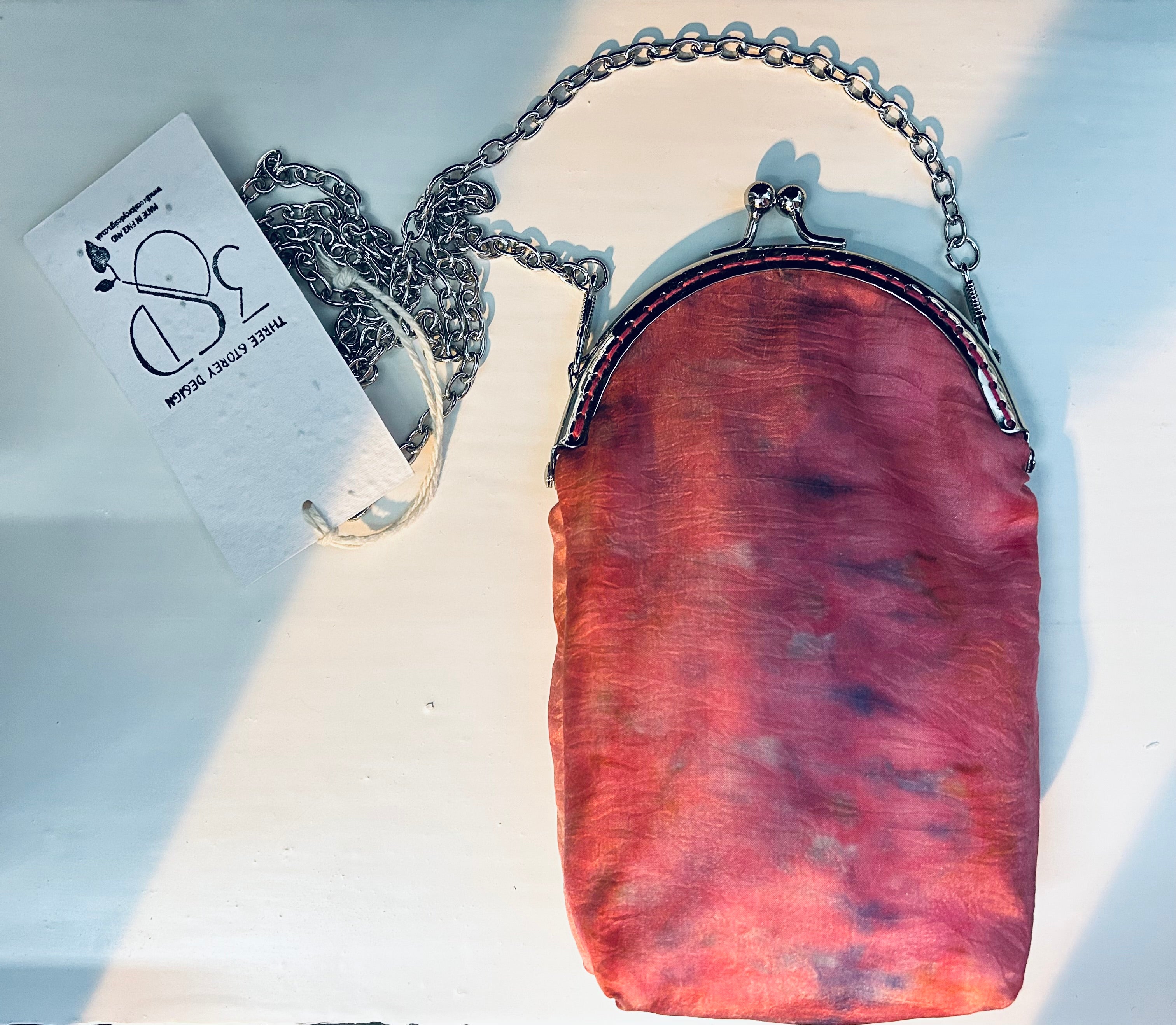 Cochineal Pink Silk Phone Cross Body Bag with Silver Metal Frame Cha threestoreydesign