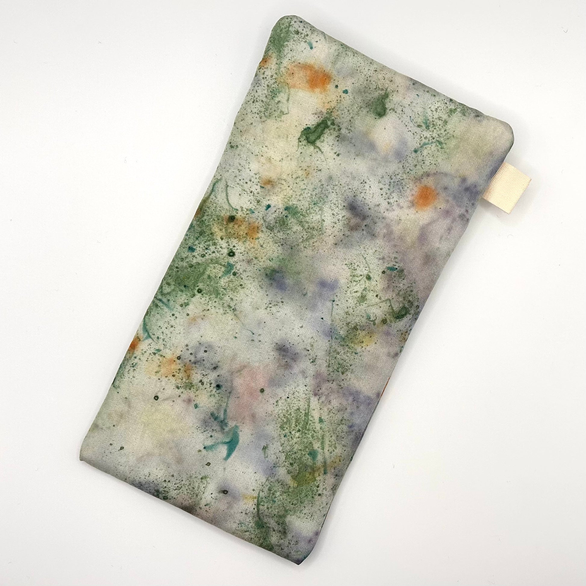 Green Garden Glasses Case back naturally dyed silk, printed with Pansy petals and extract dye