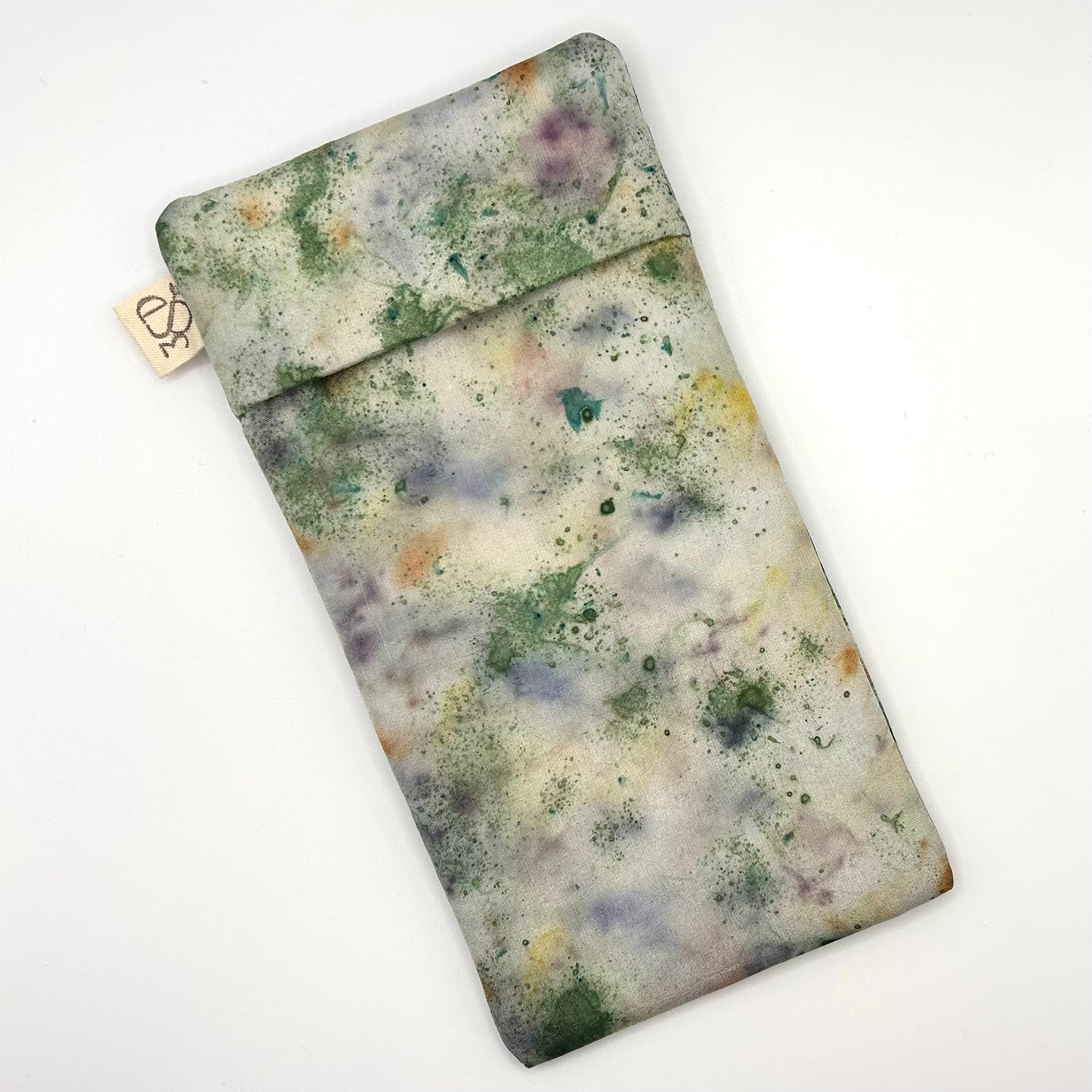 Green Garden Glasses Case front naturally dyed silk, printed with Pansy petals and extract dye
