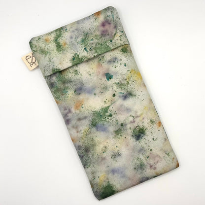 Green Garden Glasses Case front naturally dyed silk, printed with Pansy petals and extract dye