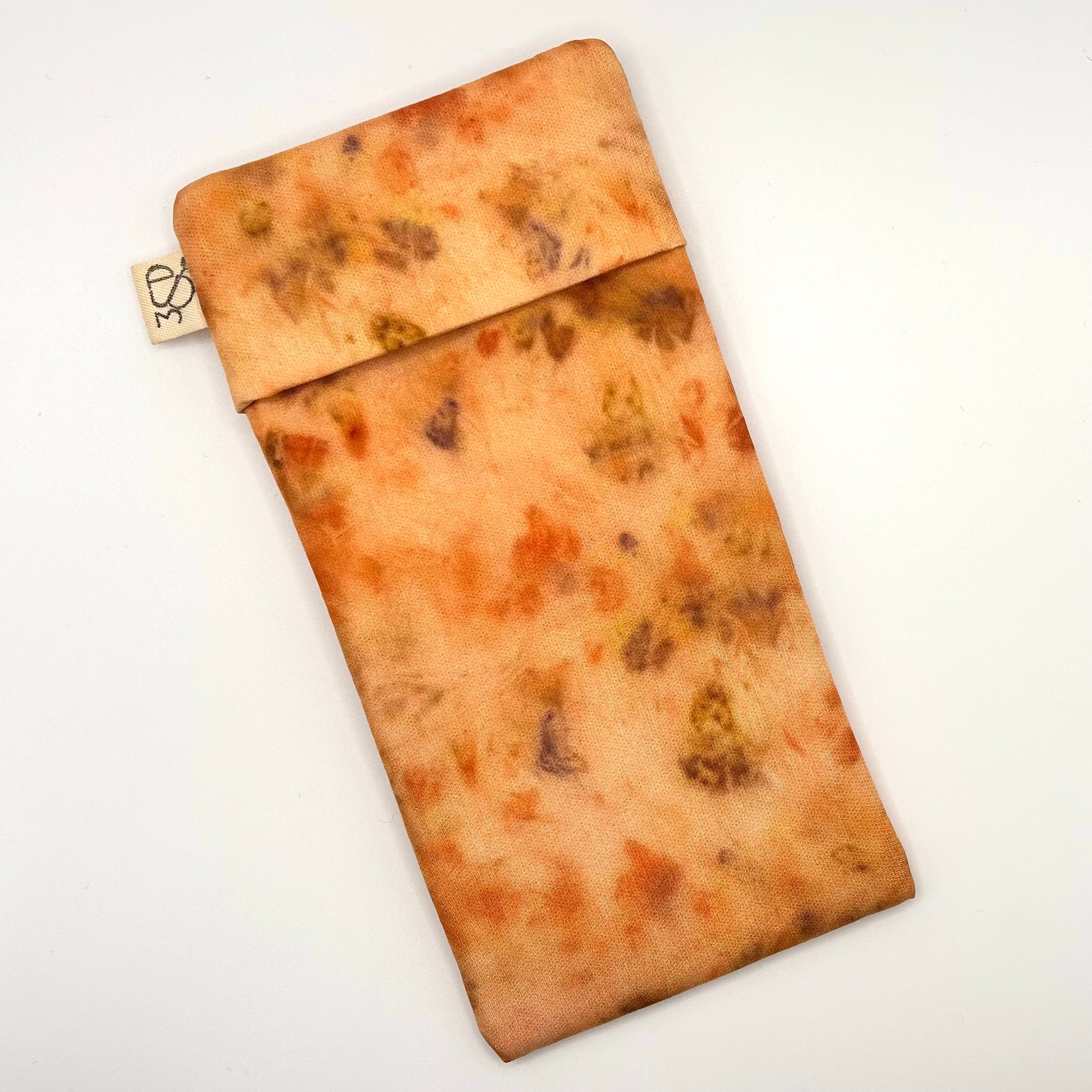 Pale Orange Glasses Case front naturally dyed silk, printed with Orange cosmos, coreopsis and extract dye 