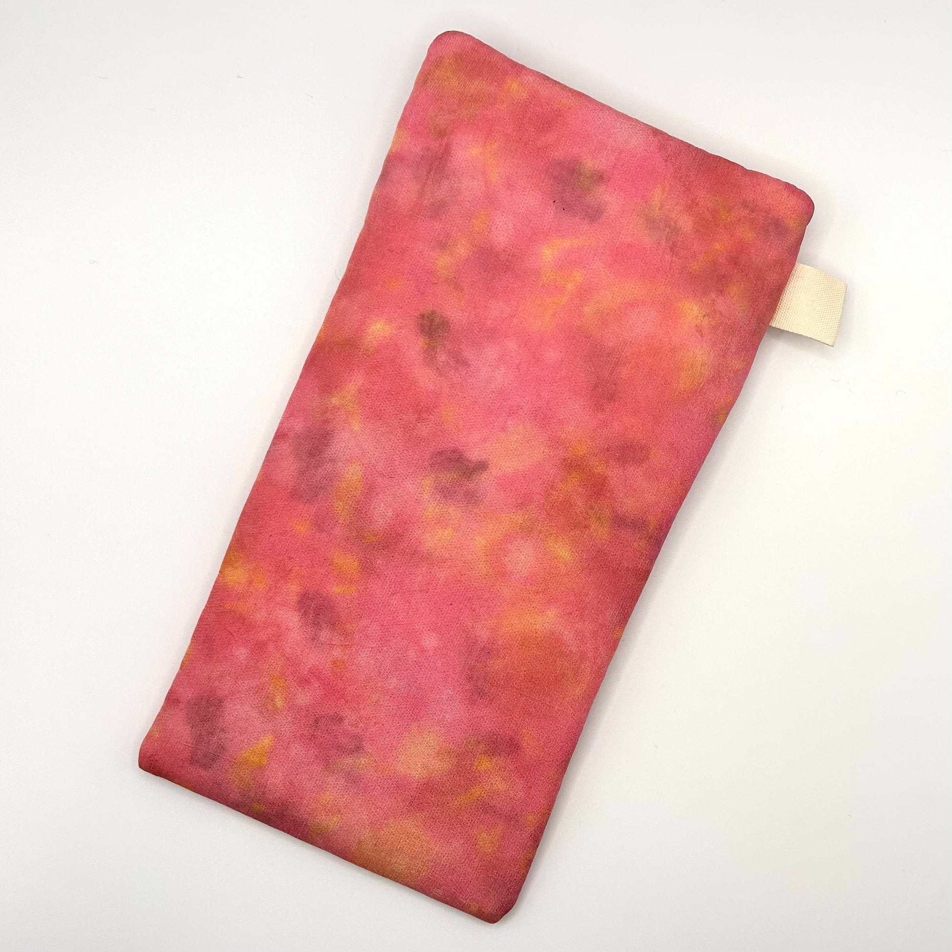 Pink floral Glasses Case back naturally dyed silk, printed  with yellow marigolds and extract dye 