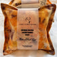 Orange Silk square lavender bag/sachet with Naturally dyed orange cosmos and scabious black knight print and cotton branded tab, wrapped in tracing paper product information sleeve