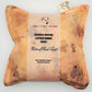 Peach Silk square lavender bag/sachet with Naturally dyed black bean print and cotton branded tab, wrapped in tracing paper product information sleeve