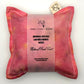 Pink floral Silk square lavender bag/sachet with Naturally dyed yellow marigold print and cotton branded tab, wrapped in tracing paper product information sleeve
