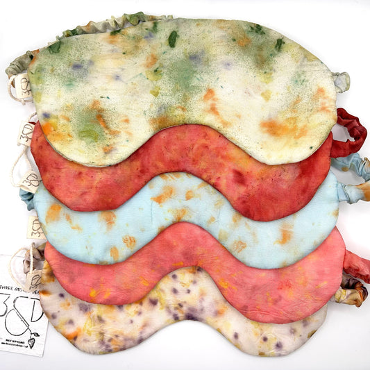 Various eye masks naturally dyed coloured prints of Green, Red, Indigo, Pink and white