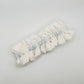  Back view of White Silk wedding garter with adjustable Indigo blue tied bow, ready to wear