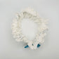  Open overview of White Silk wedding garter with adjustable Indigo blue tied bow, ready for natually dyeing