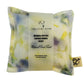 White Silk square lavender bag/sachet with Naturally dyed purple pansy, yellow marigold  print and cotton branded tab, wrapped in tracing paper product information sleeve