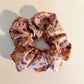 White Silk Scrunchie naturally dyed with scabious purple, orange cosmos and lemon marigold speckled print