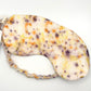 White with purple scabious, orange cosmos and yellow marigold naturally dyed silk printed eye mask with elastic to secure over eyes